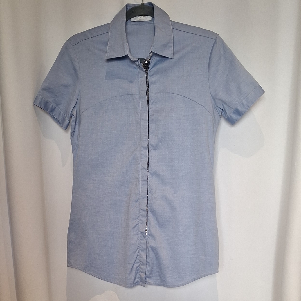 Aglini Shirtmakers Light Blue Short Sleeve Button Up Shirt With Sparkle